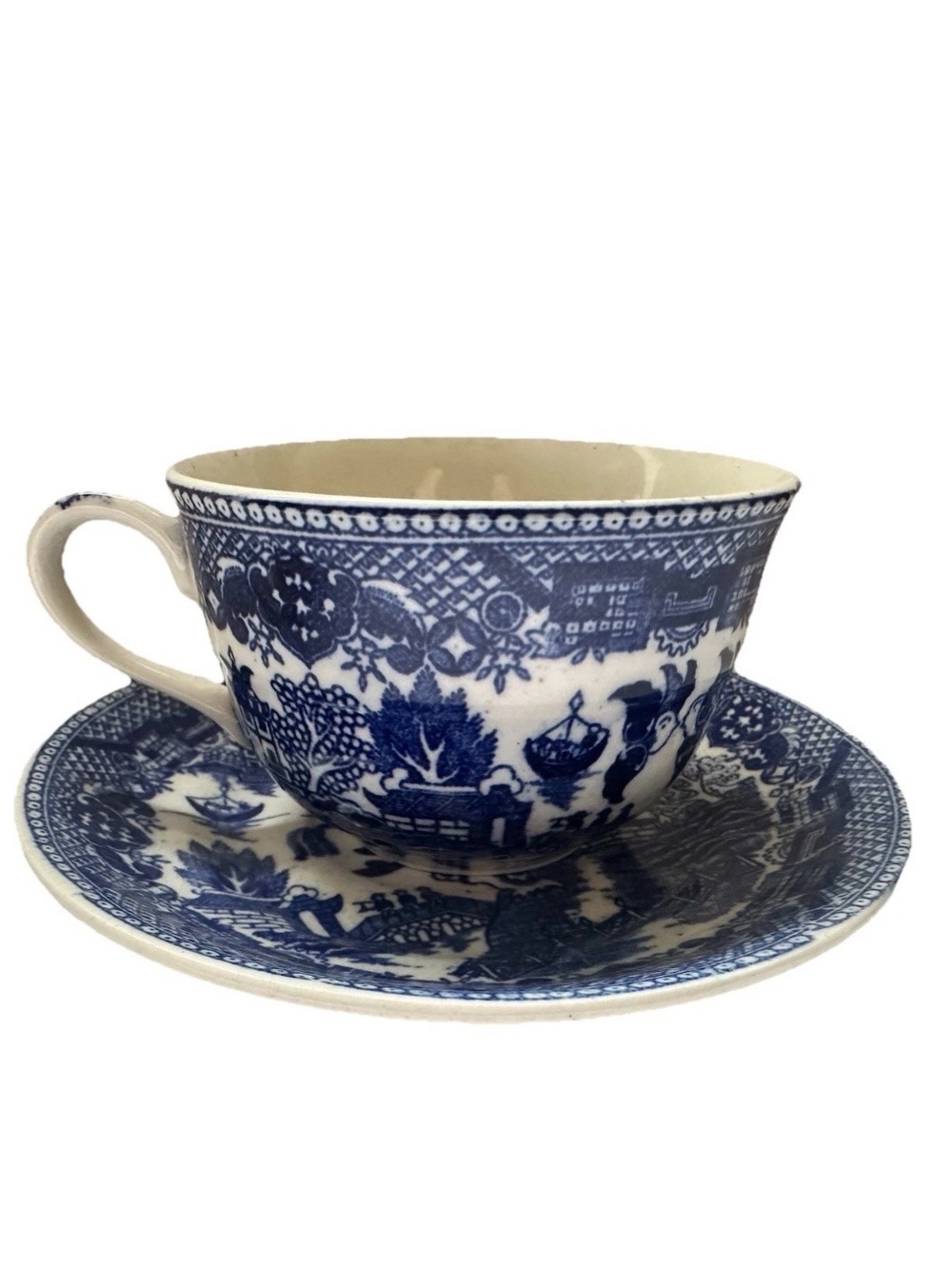Vintage Japanese Blue Willow Ceramic Teacup and Saucer Set Transfer ware 2 Sets
